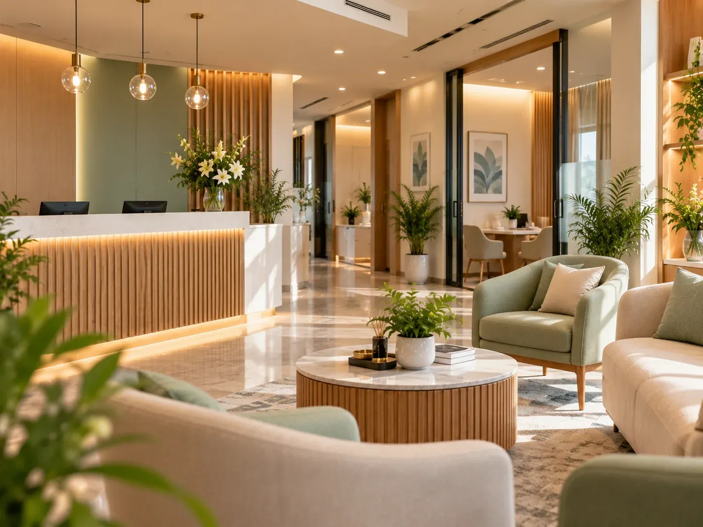 Welcoming clinic reception with seating and a view toward consultation rooms