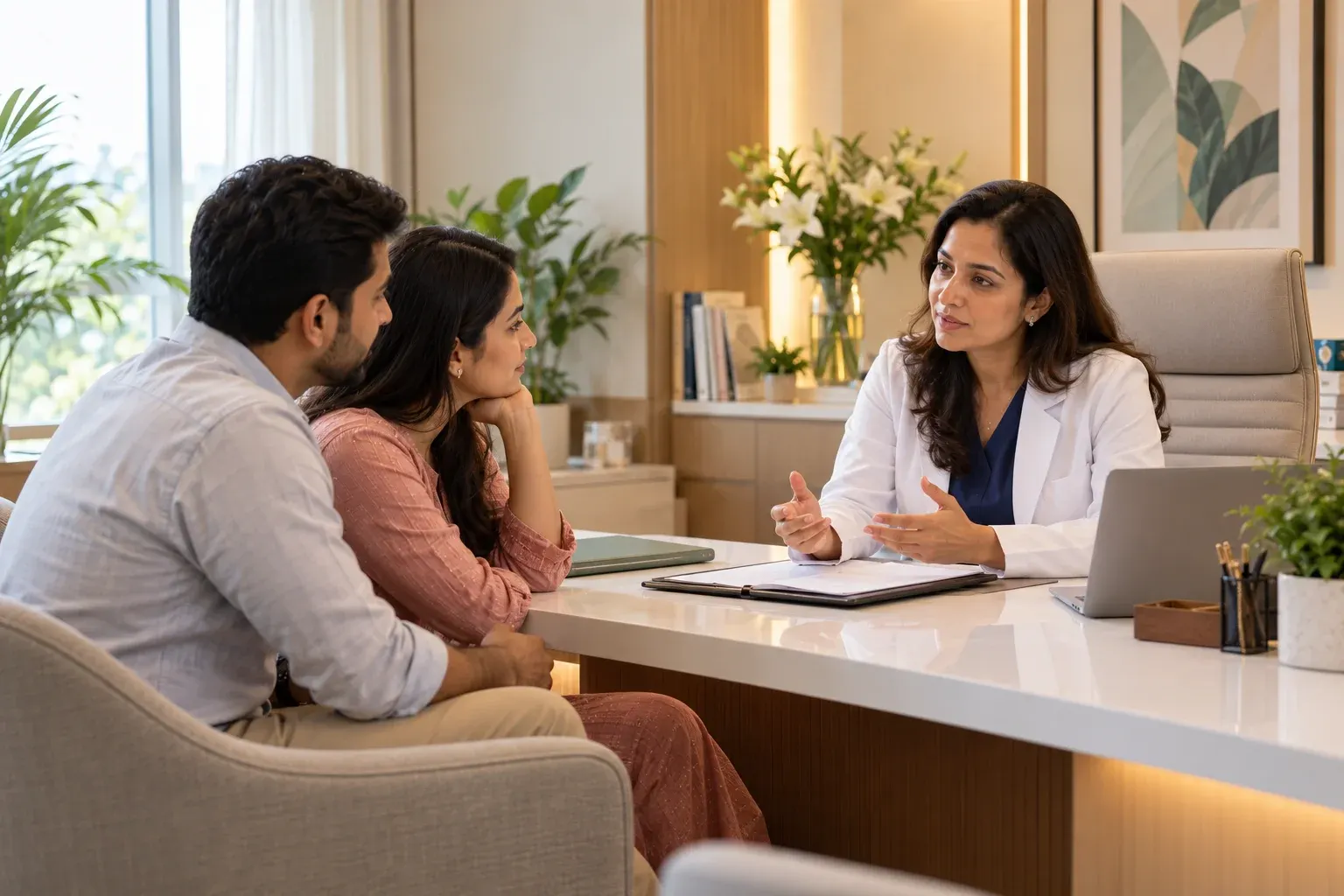 A fertility consultation between a specialist and a couple