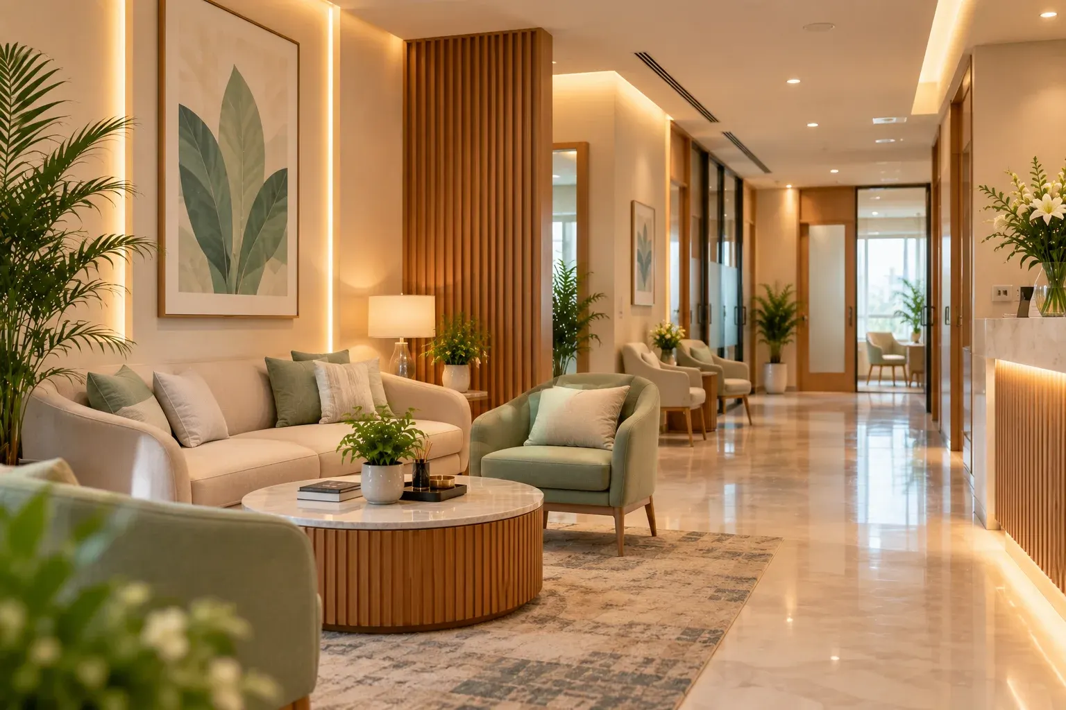 Quiet clinic waiting area and corridor
