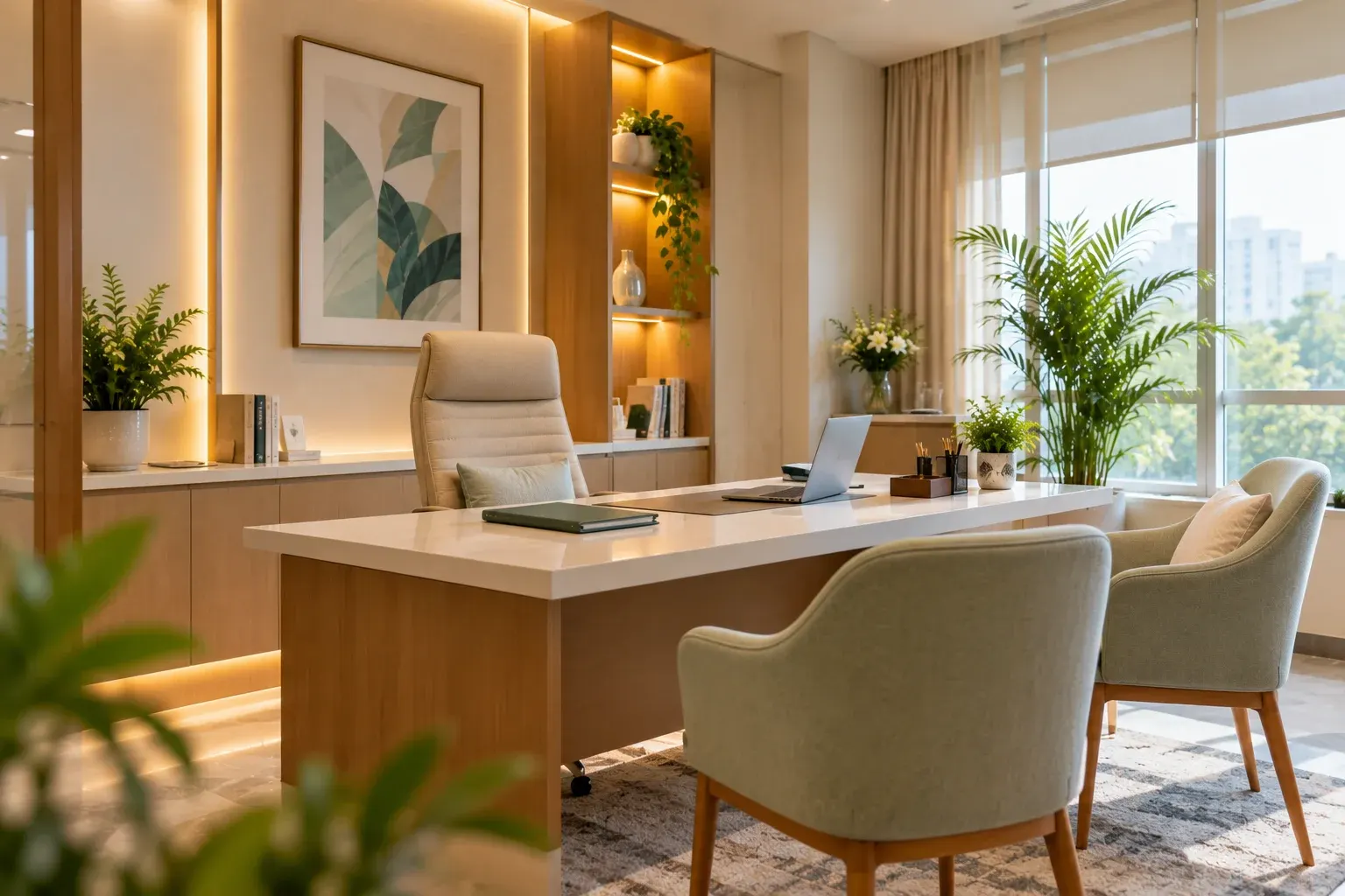 Quiet consultation room with a desk and chairs prepared for a conversation