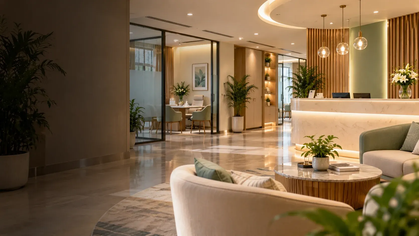 Clinic reception and waiting area with seating, plants and warm light