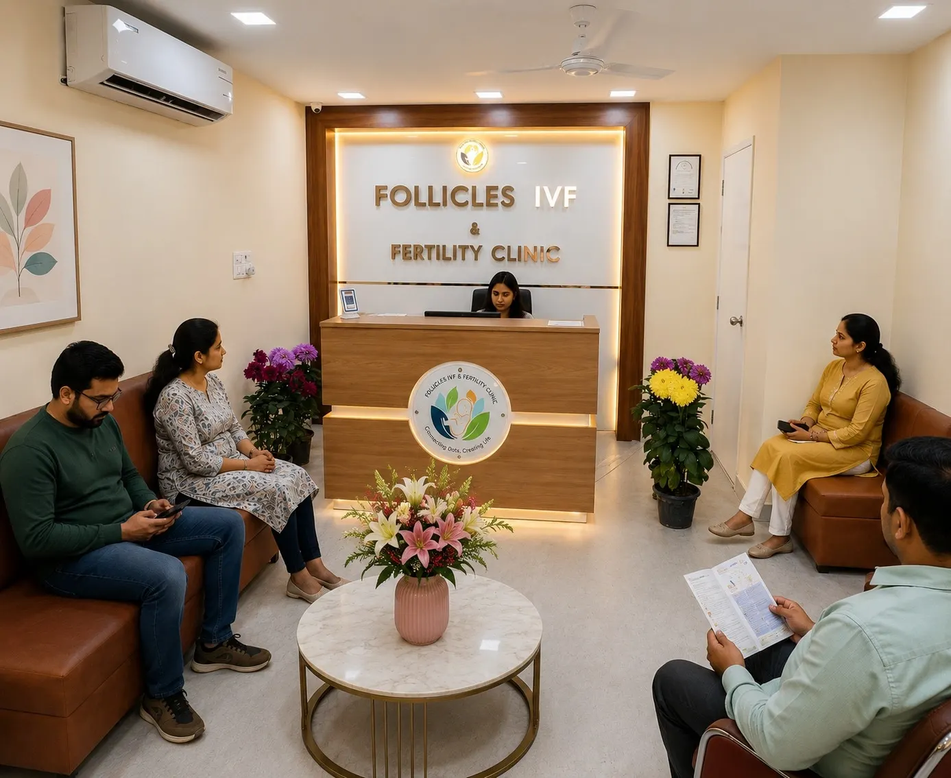Reception of Follicles IVF & Fertility Clinic, with the clinic name on the wall