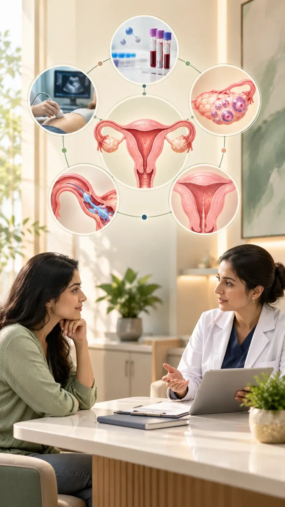 Fertility evaluation illustrated with the uterus, ovaries, fallopian tubes, ultrasound and blood tests during a consultation