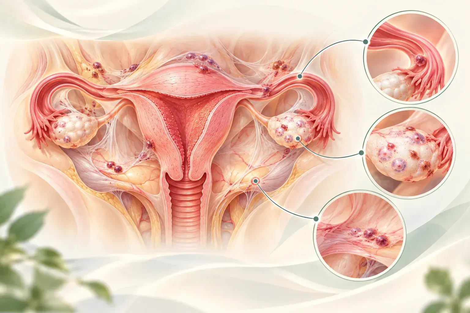 Educational illustration of pelvic, tubal and ovarian findings that can be associated with endometriosis