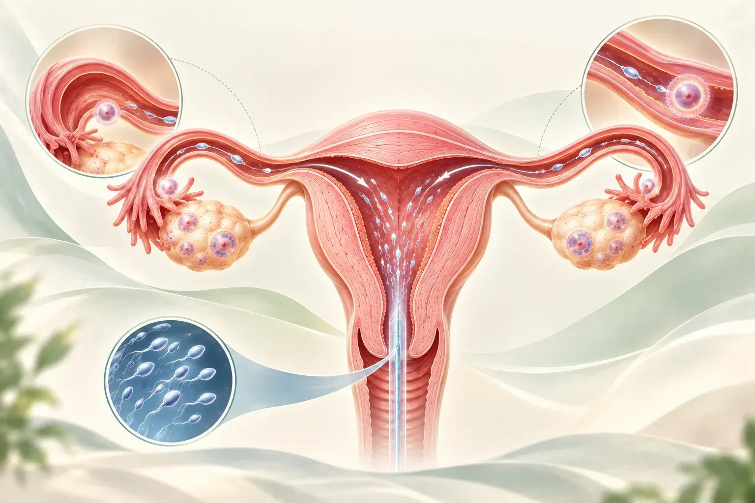 Educational illustration of prepared sperm placed in the uterus, with egg and sperm meeting in the fallopian tube