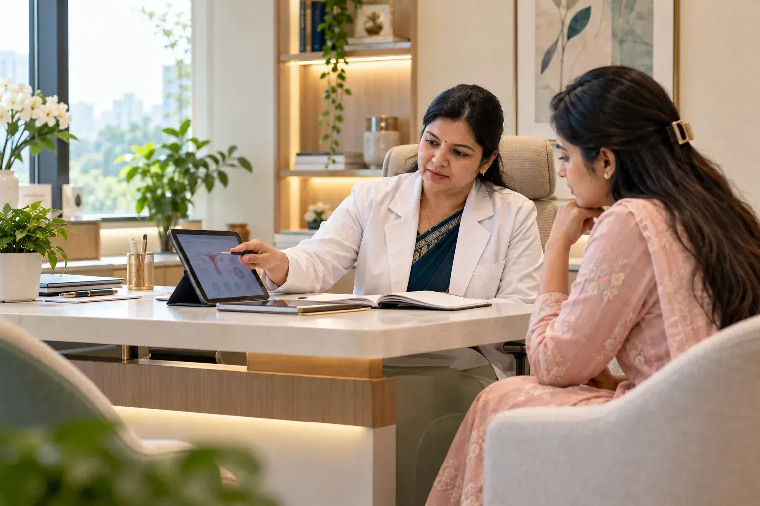 A fertility specialist reviewing reproductive anatomy with a woman during a consultation