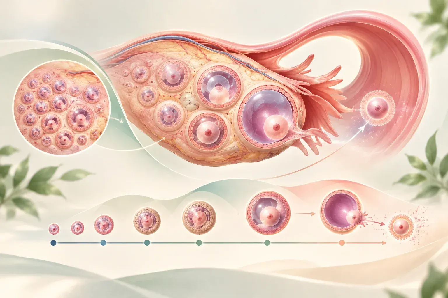Educational illustration of ovulation and ovarian reserve