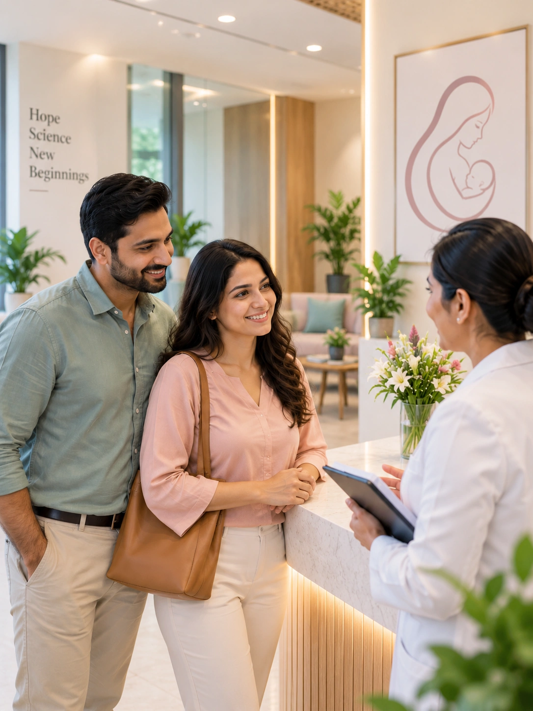 A couple speaking with a clinician at the fertility clinic reception