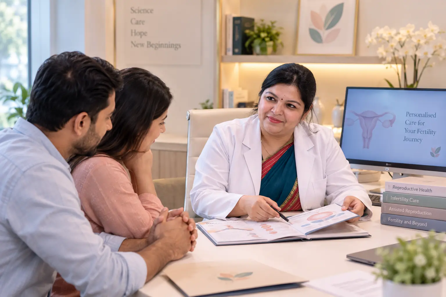 Dr. Shuchi Rastogi speaking with a couple during a consultation at Follicles IVF & Fertility Clinic