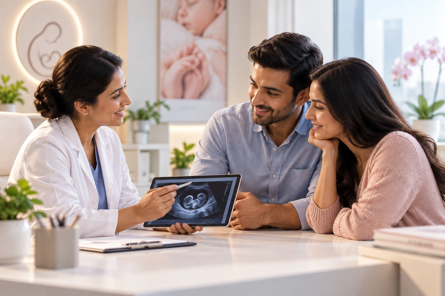 A fertility specialist discussing an ultrasound scan with a couple