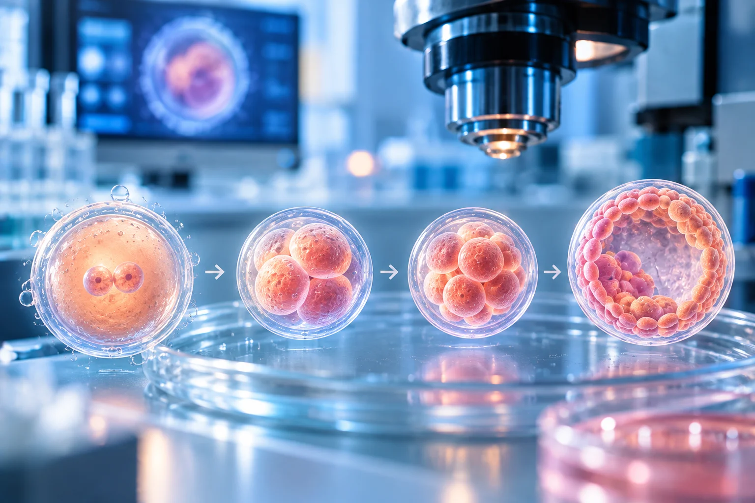 Illustration of embryo development from a fertilised egg through later cell stages
