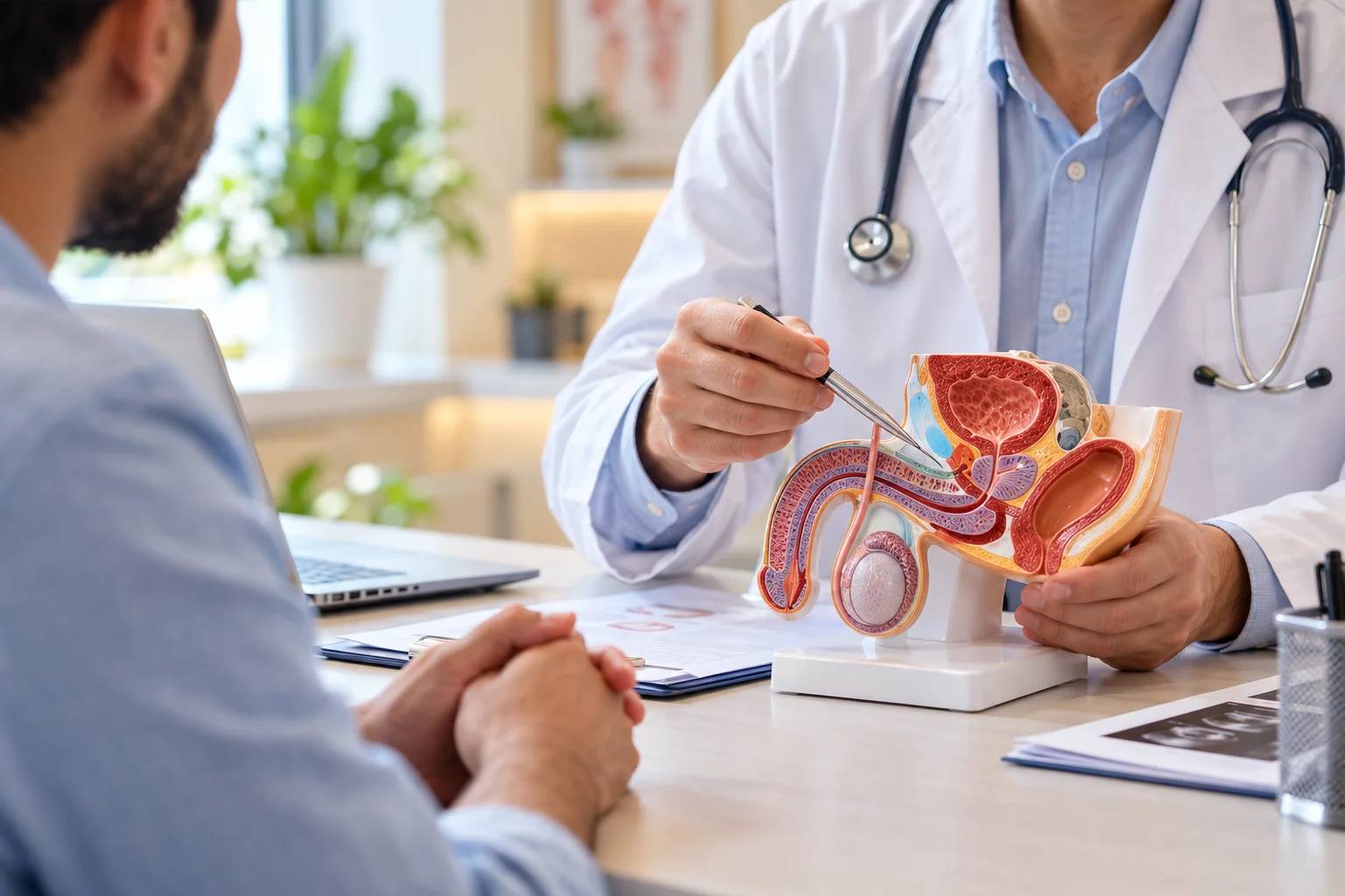 A clinician explaining male reproductive anatomy during a fertility discussion