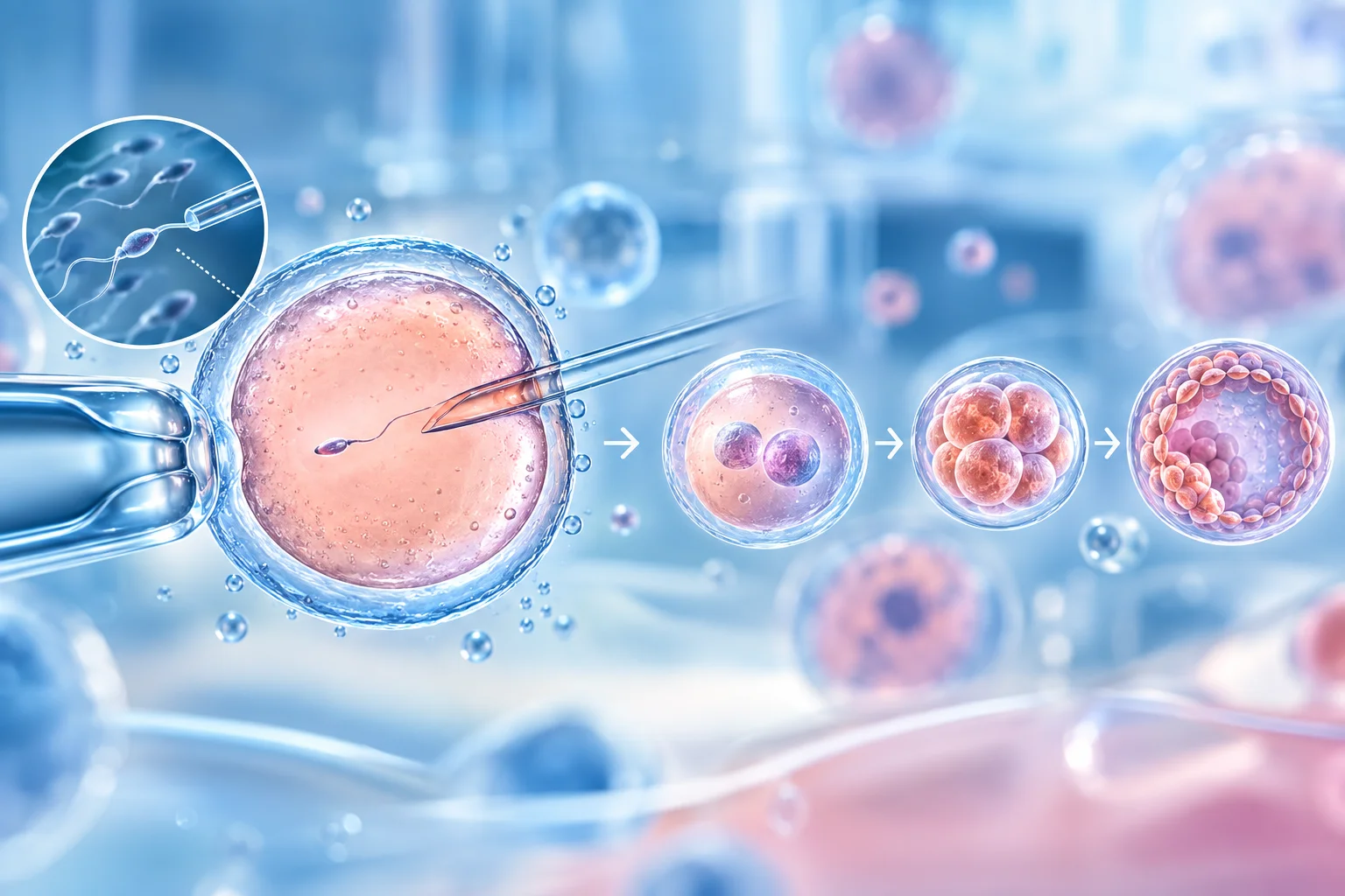 Illustration of ICSI, a single sperm injected into a mature egg, followed by embryo development
