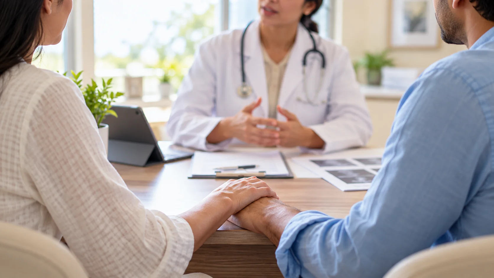 A couple discussing fertility findings with a clinician across a consultation desk