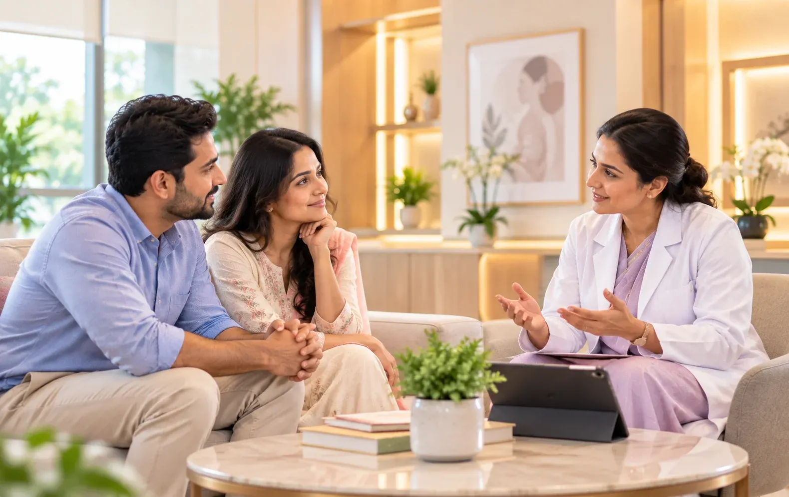 A couple speaking with a clinician during a fertility consultation