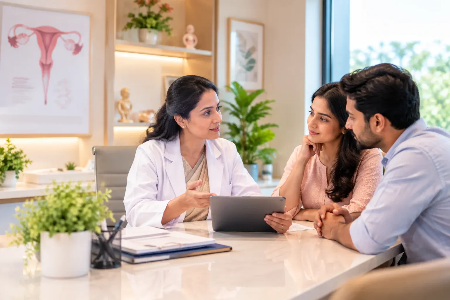 A clinician reviewing fertility findings with a couple during a consultation