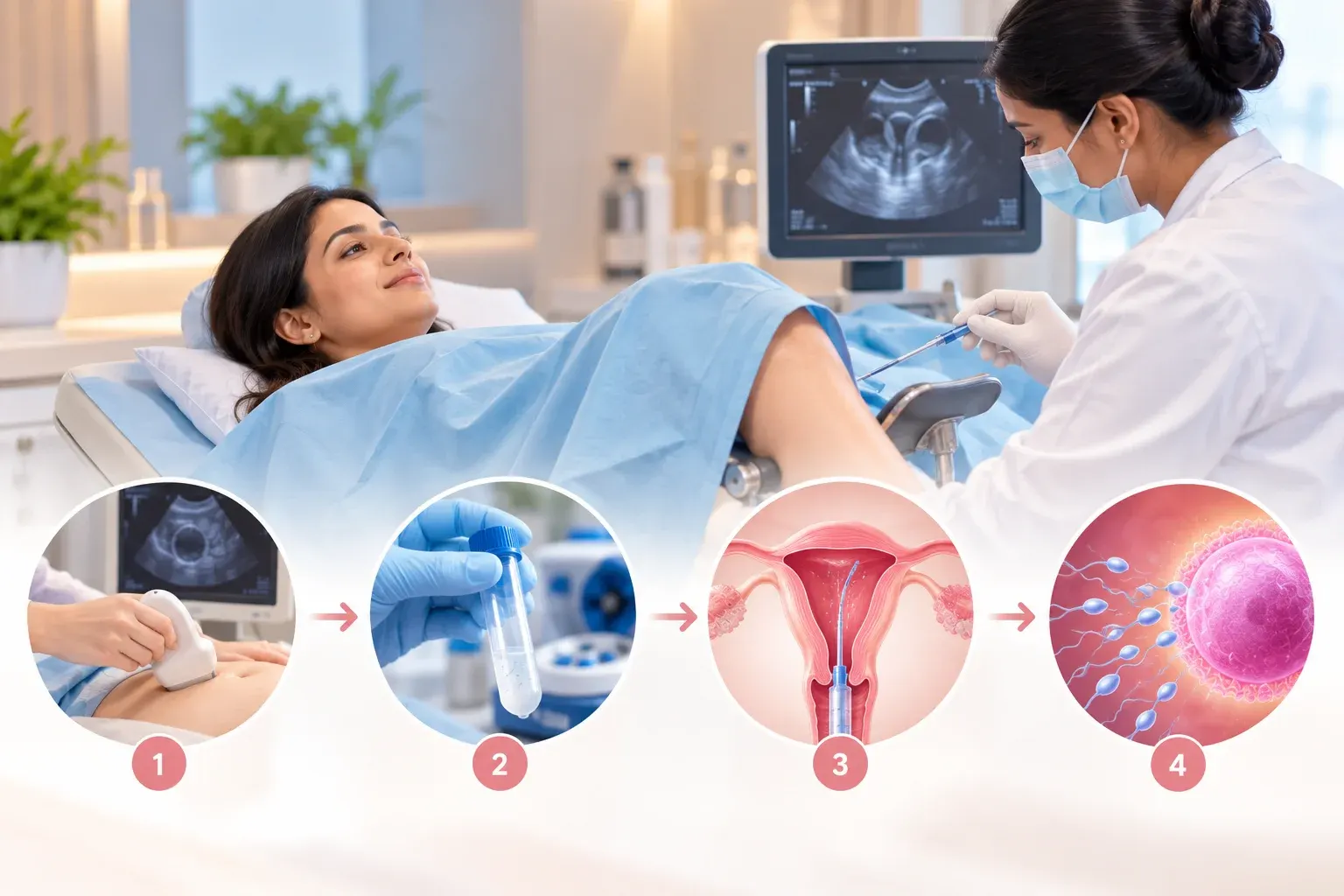 Illustration of an IUI visit, showing ultrasound, sperm preparation, catheter placement and natural fertilisation