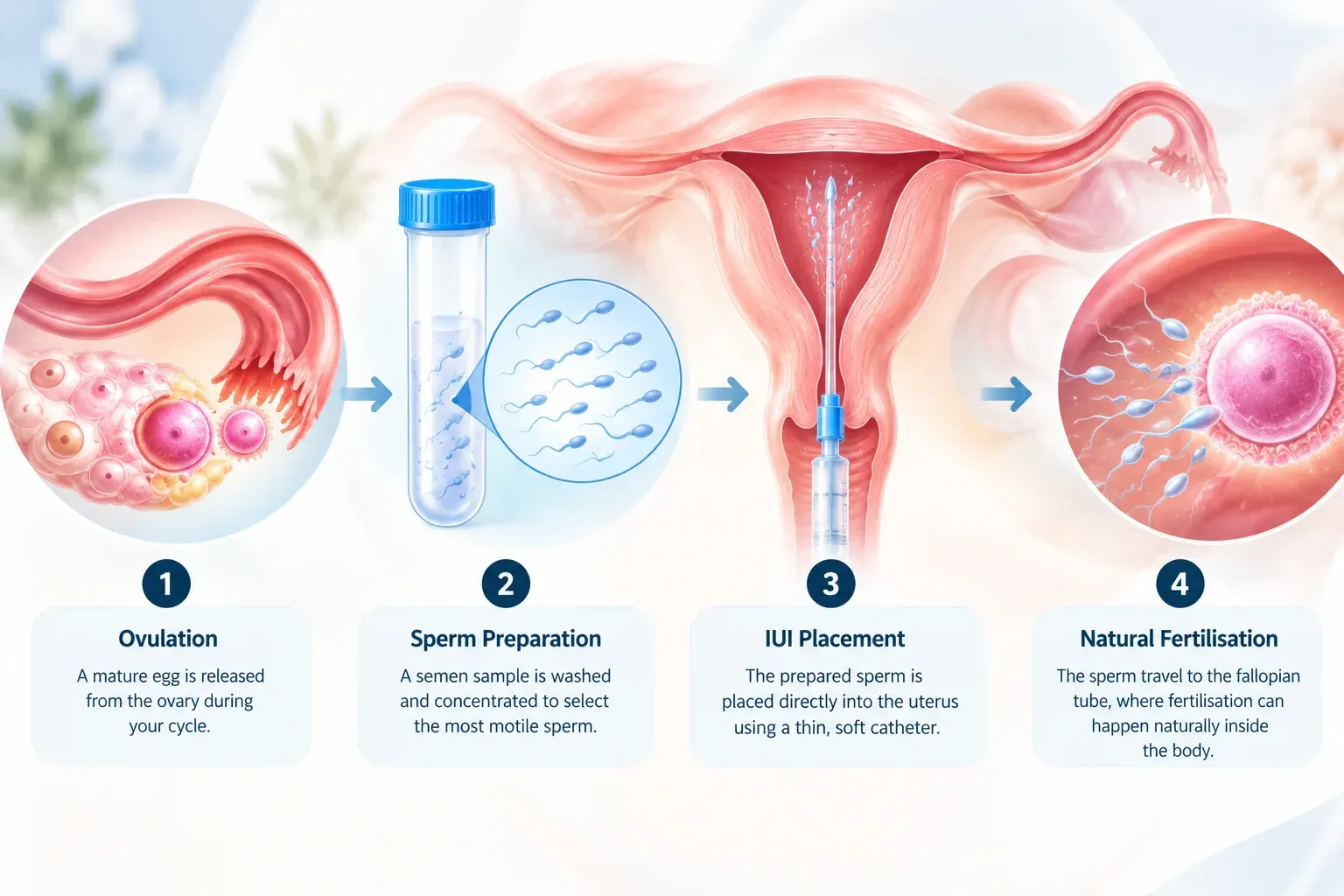 Illustration of the IUI process from ovulation and sperm preparation to placement in the uterus and natural fertilisation