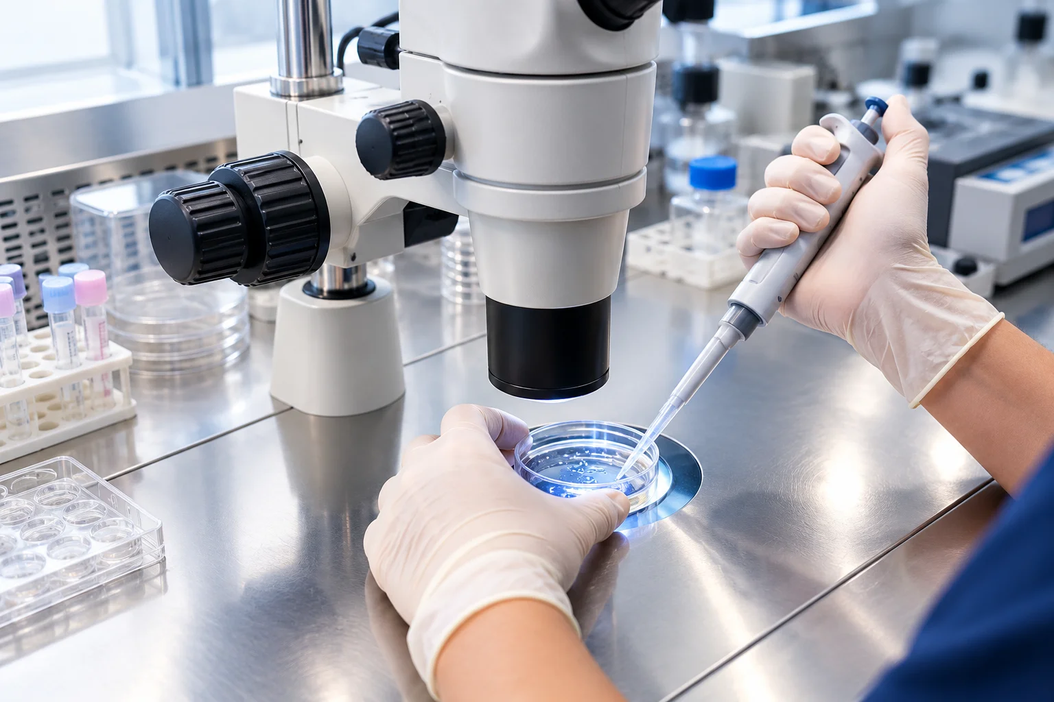 A scientist preparing a laboratory sample beside a microscope