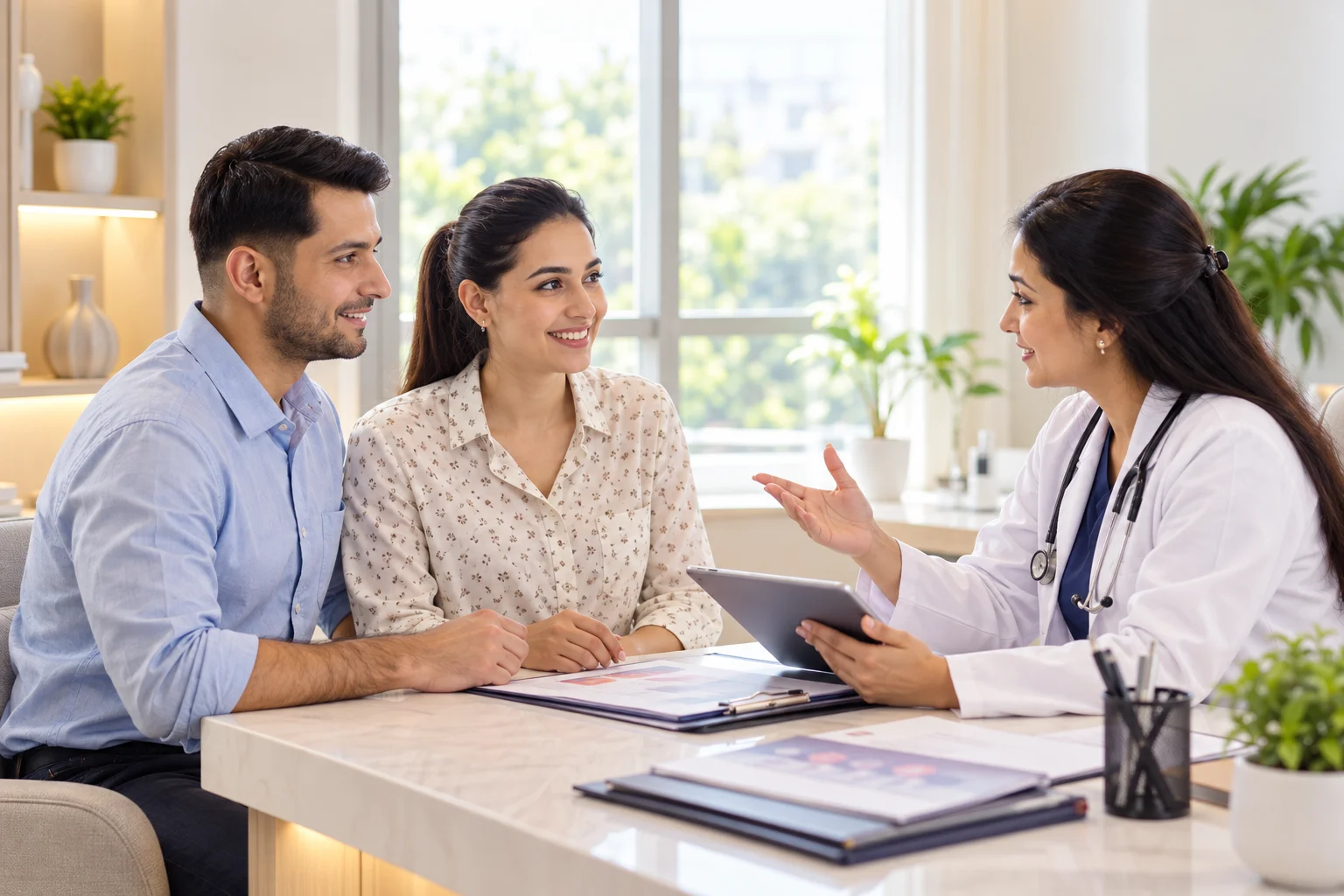 A doctor discussing treatment options with a couple during a consultation