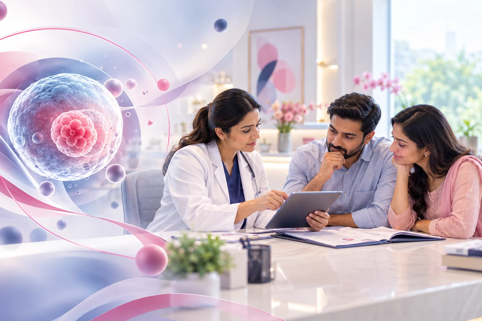 A doctor and a couple reviewing reports together while discussing a treatment plan