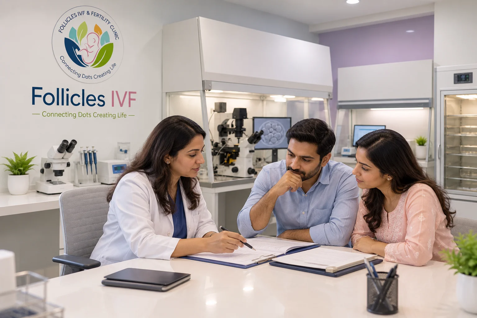 A clinician reviewing preparation notes with a couple before IVF treatment