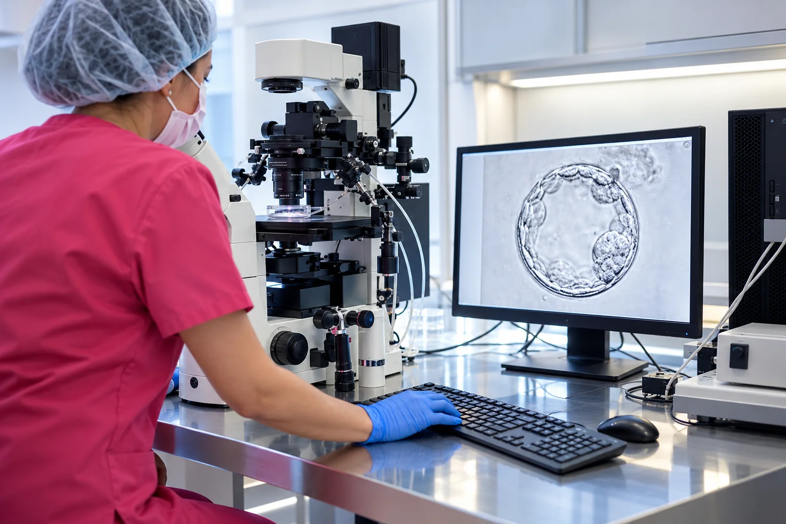 An embryologist reviewing a magnified embryo on a laboratory monitor