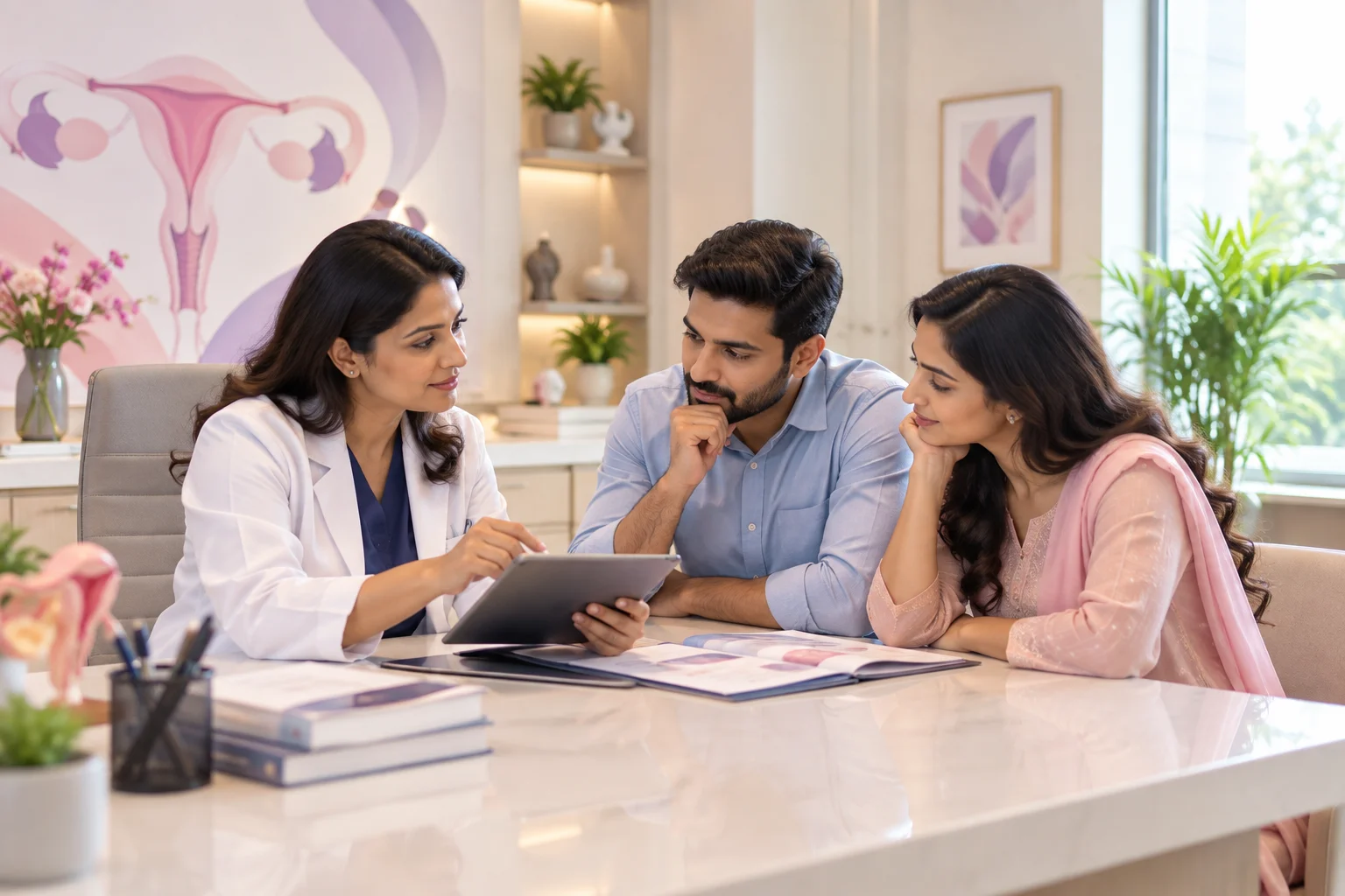 A fertility specialist explaining treatment to a couple during a consultation