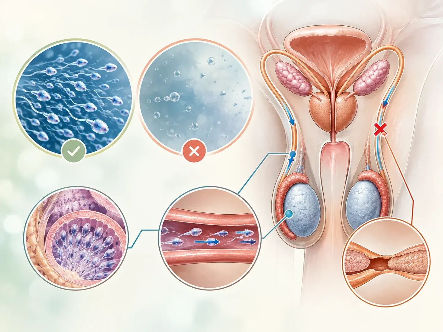Educational illustration comparing semen with sperm, semen without sperm, and a blockage along the reproductive tract