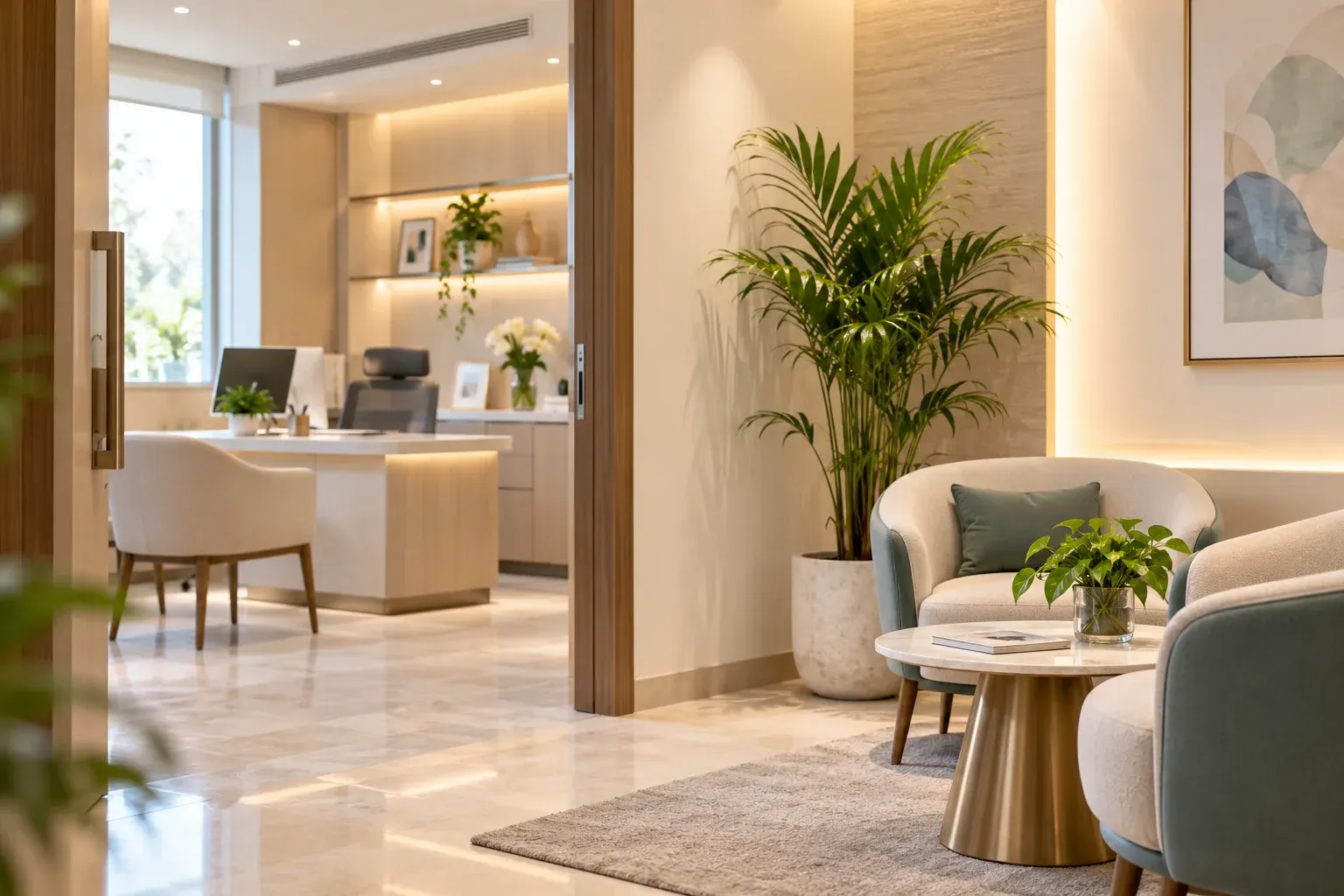 A quiet consultation room with armchairs, a plant and a desk beyond an open door