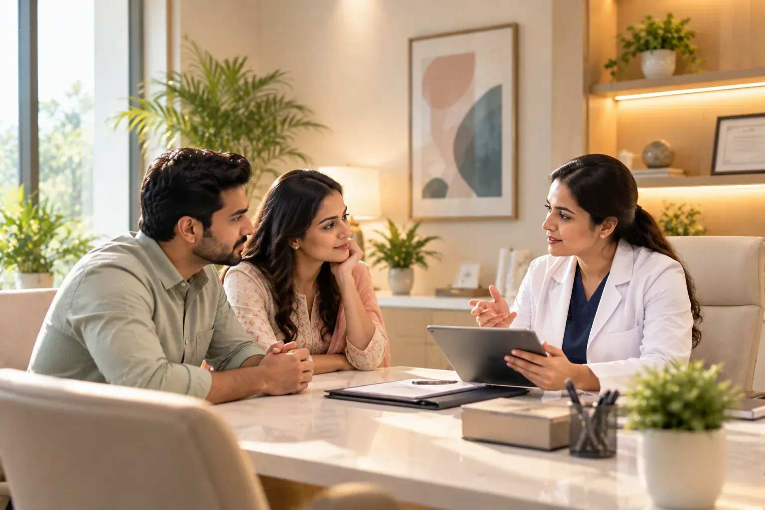 A couple speaking with a clinician during a fertility consultation