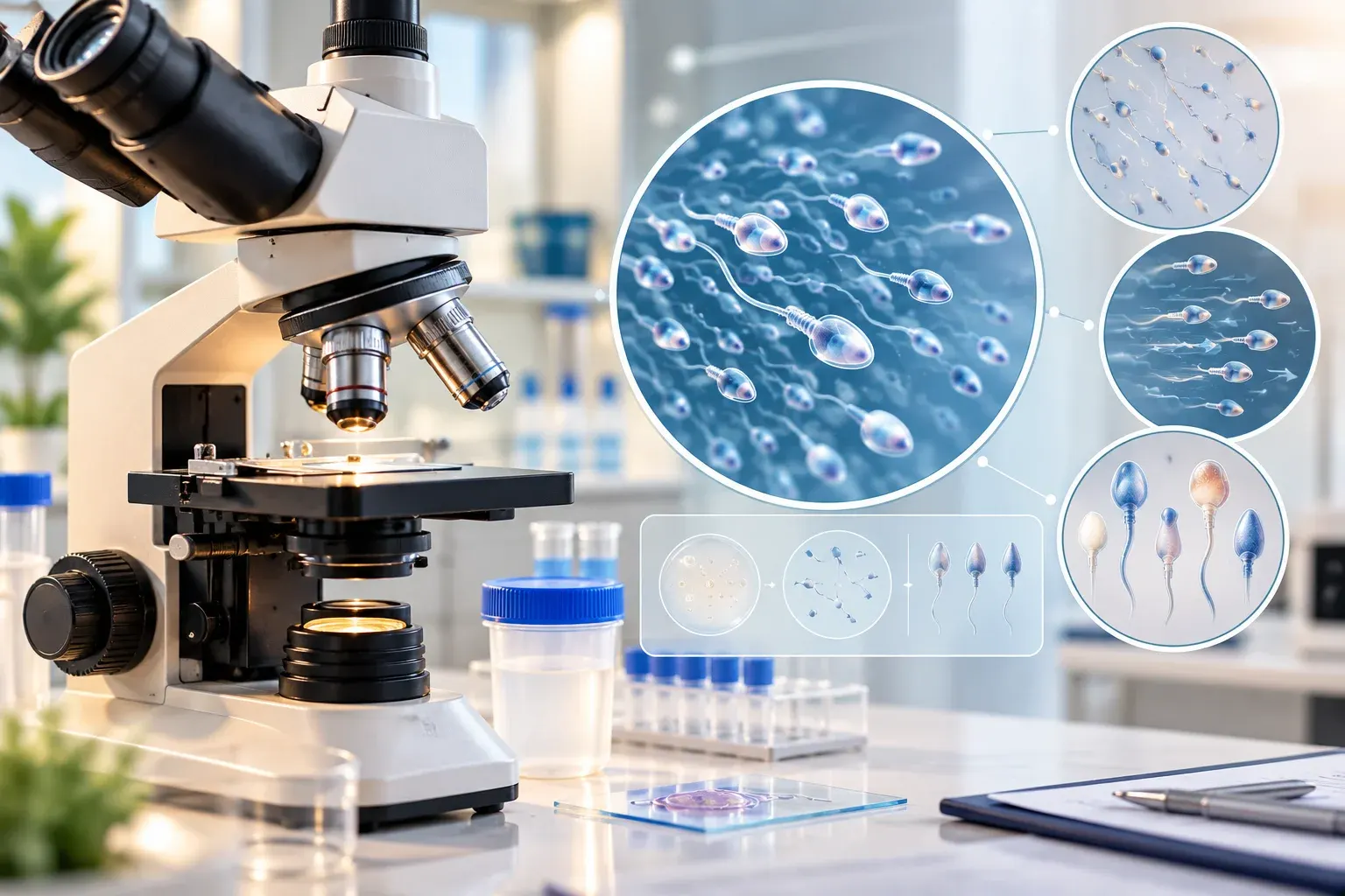 Illustration of a laboratory microscope beside diagrams of sperm count, movement and shape