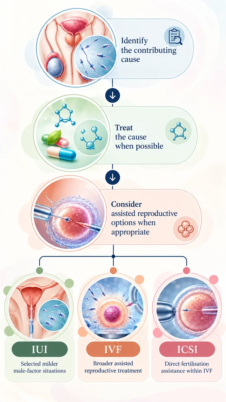 Illustration of male infertility treatment options, from treating an identified cause to assisted reproductive treatment