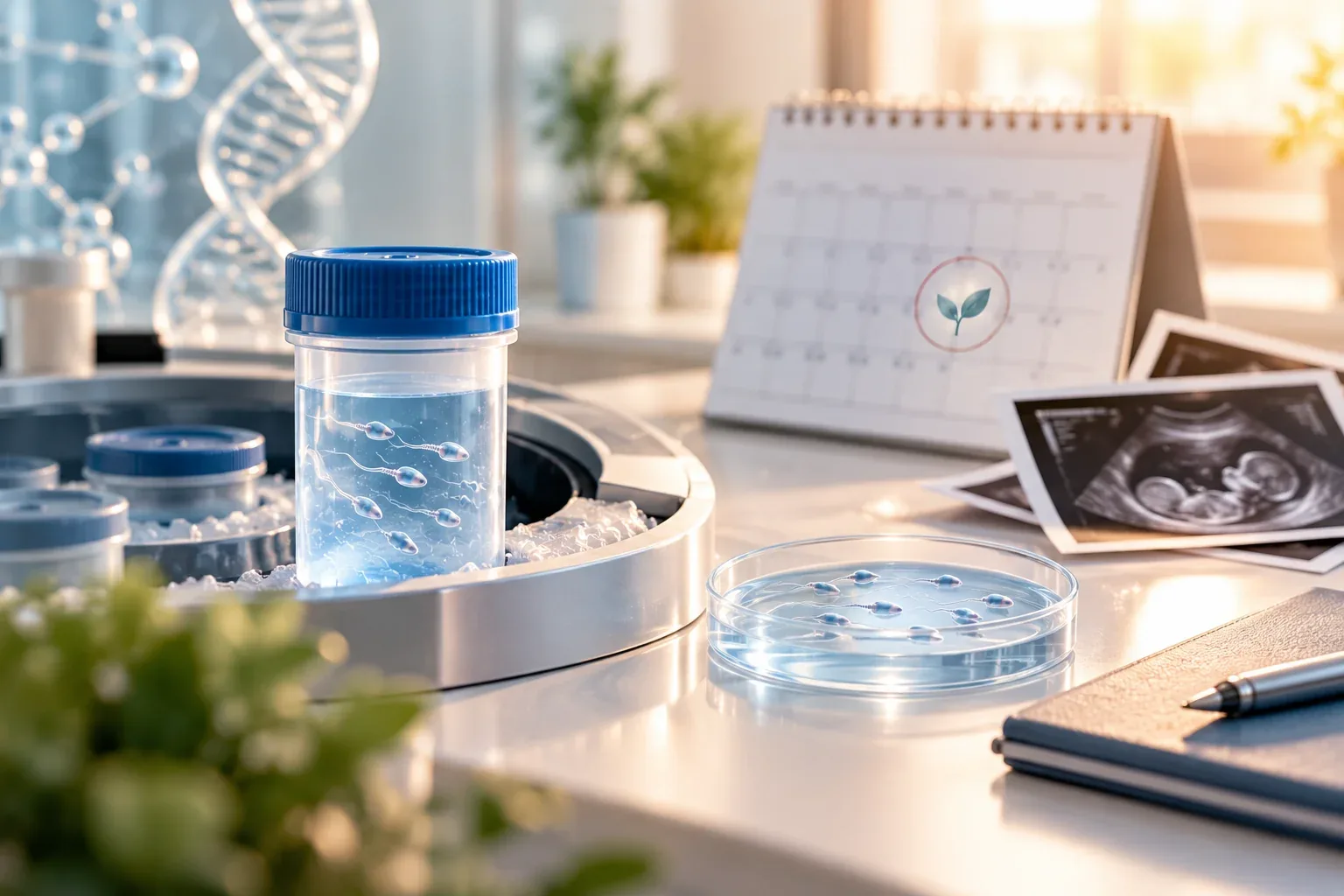 A sperm sample container and a petri dish in a bright fertility laboratory