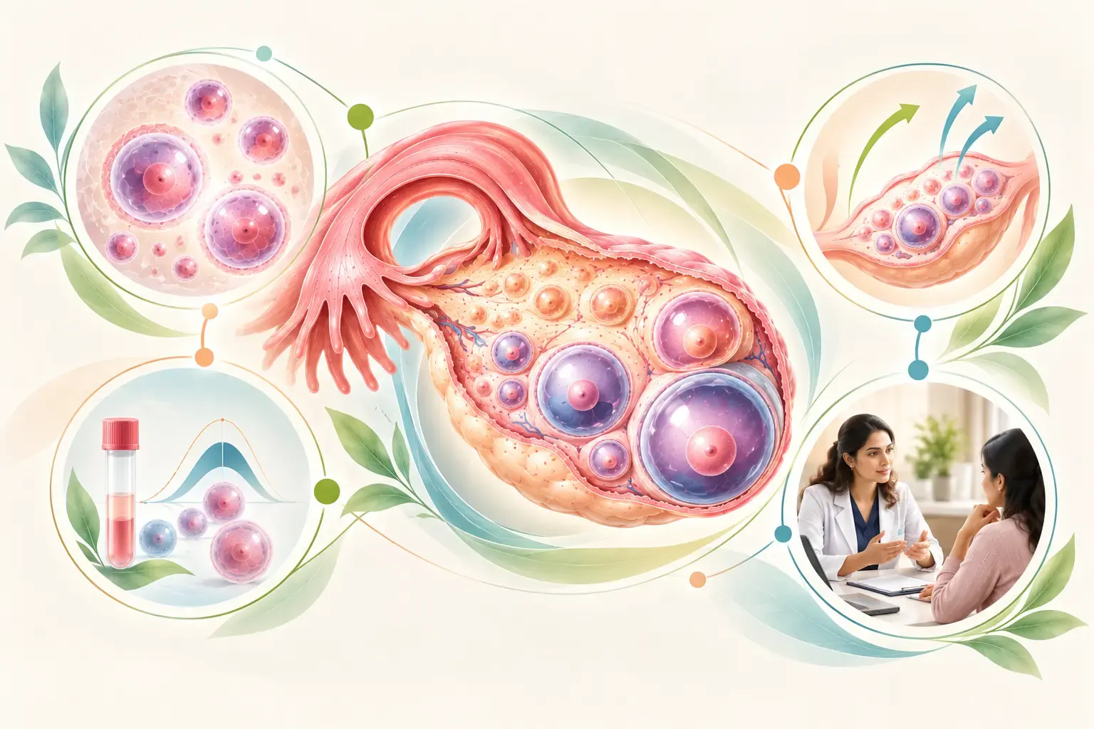 Educational illustration of the ovary and follicles used to explain ovarian reserve and preservation planning