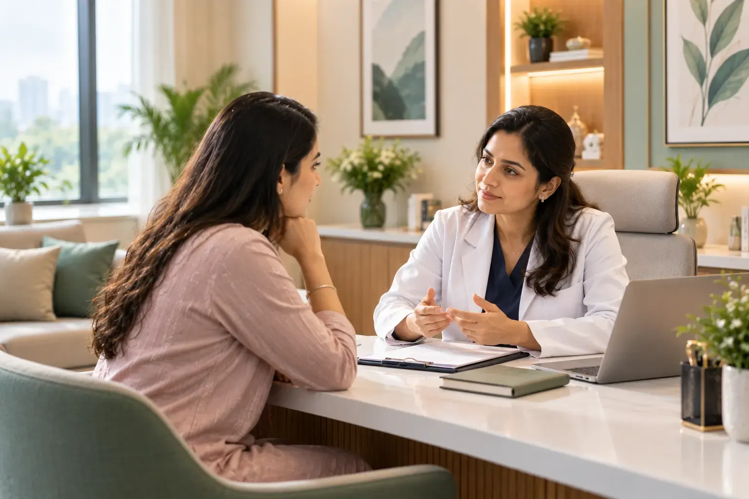 Calm fertility consultation in a clinic room