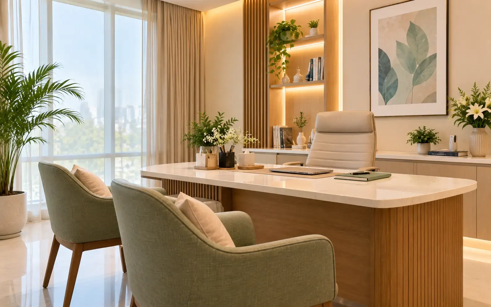 Quiet clinic consultation room with empty chairs, prepared for a private conversation