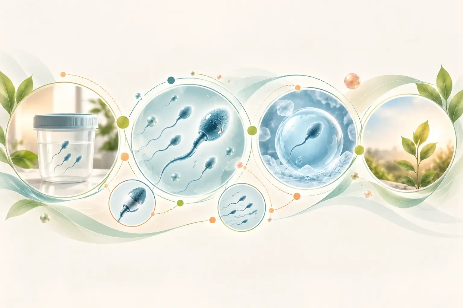 Educational illustration of sperm collection, assessment and cryopreservation as general medical concepts