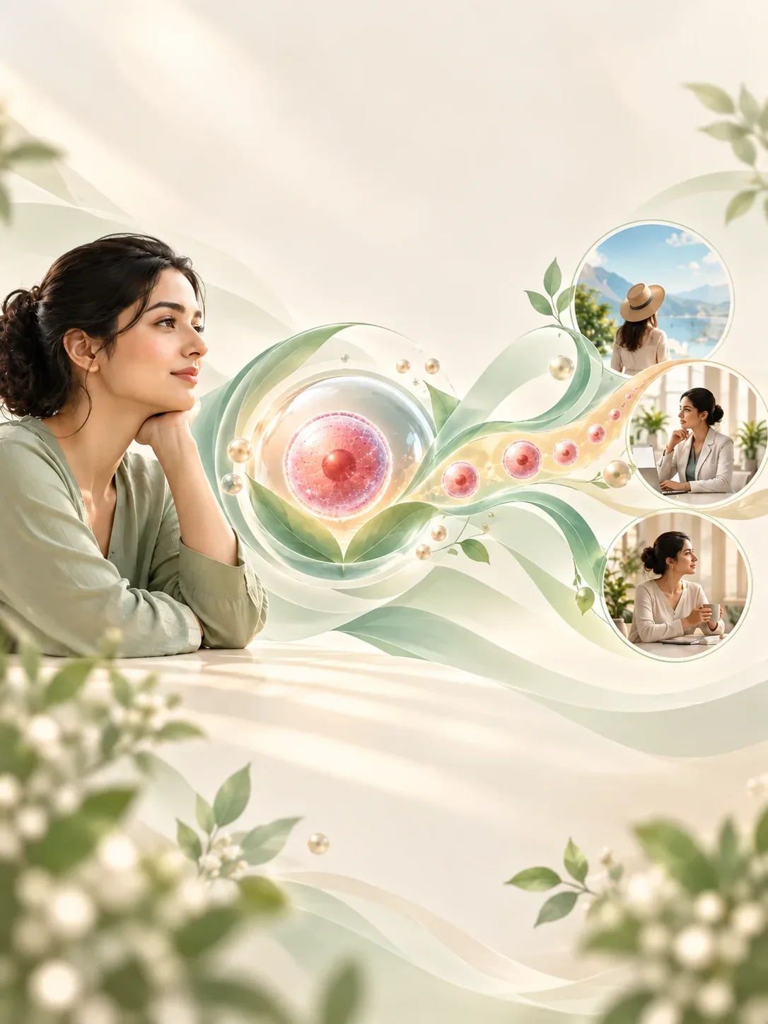 Illustration of a woman considering future reproductive options, with an egg shown as a concept