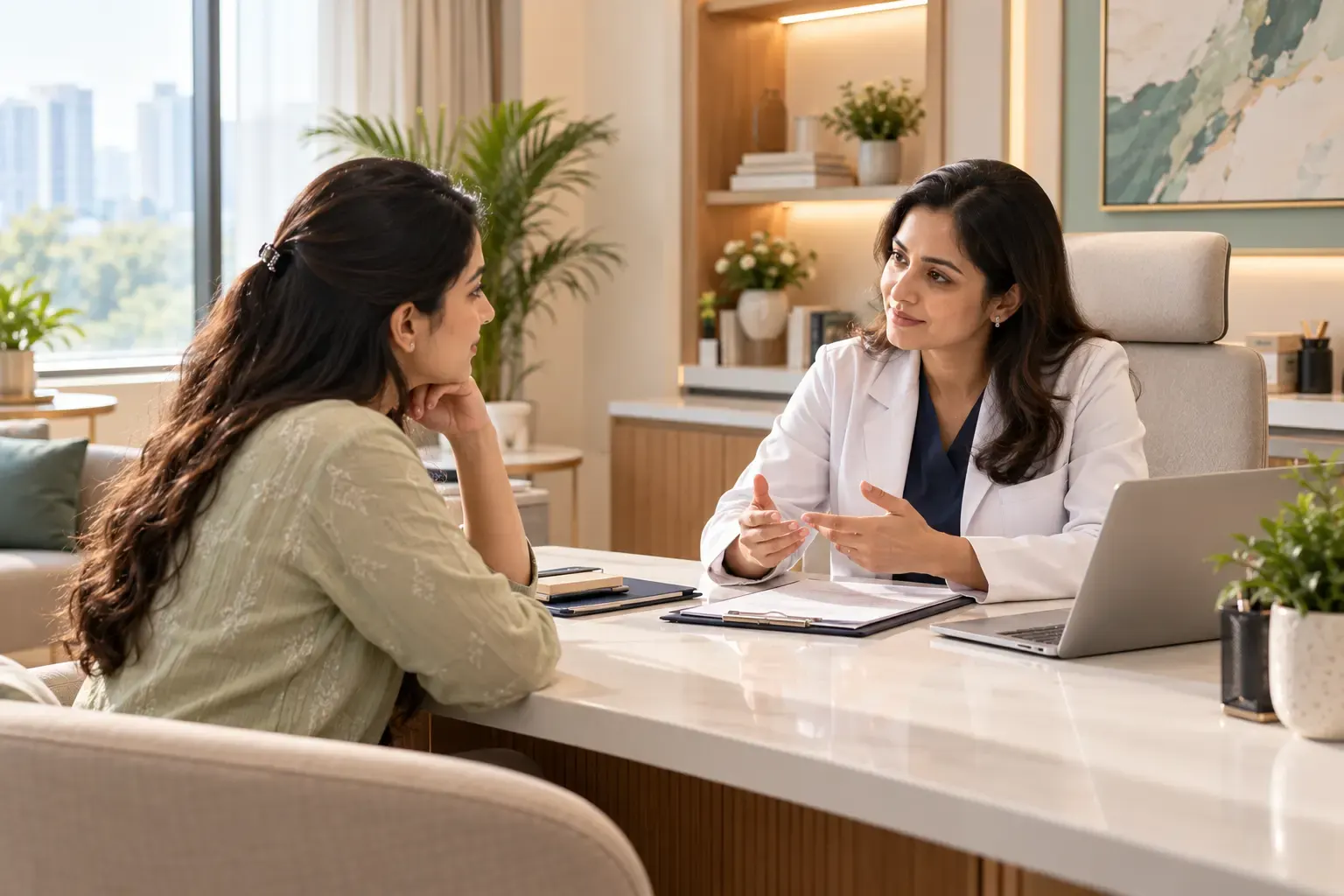 Fertility consultation between a specialist and a woman in a clinic room
